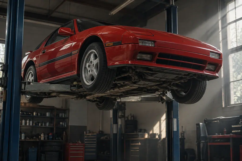Mazda RX-7 FC3S sur un pont élévateur, examinée par-dessous dans un garage éclairé par des rais de lumière.