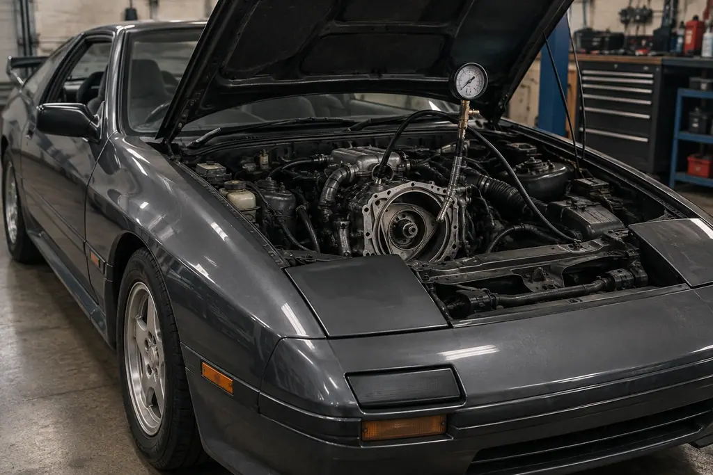 Contrôle de compression adapté au moteur rotatif 13B d’une Mazda RX-7 FC3S.