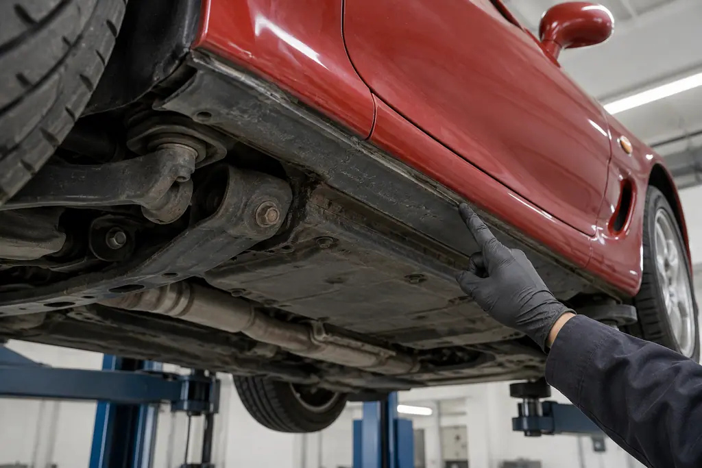 Inspection du dessous d’une Mazda RX-7 FD3S sur un pont, près du bas de caisse et des fixations.