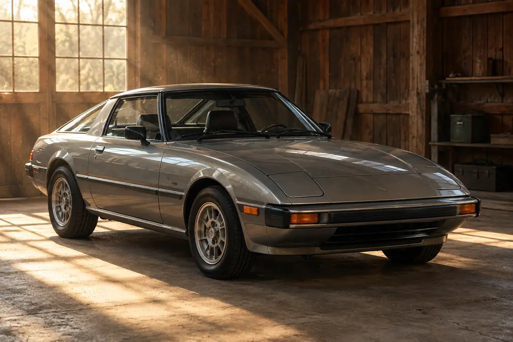 Mazda RX-7 SA22C de première génération, restaurée dans un garage ancien, éclairée par des rayons de soleil traversant la poussière.