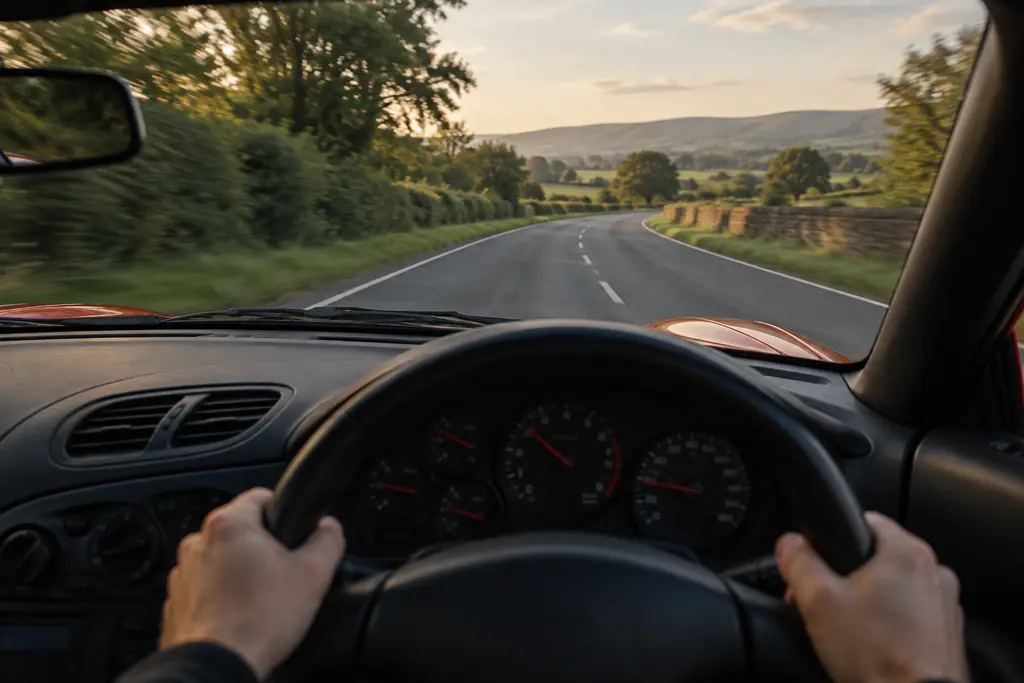 Vue depuis le poste de conduite d’une Mazda RX-7 FD3S en essai sur une route de campagne.