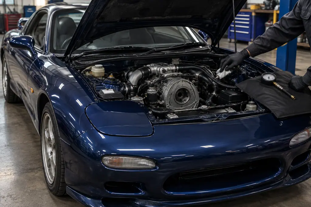 Inspection du compartiment moteur d’une Mazda RX-7 FD3S après un essai routier.