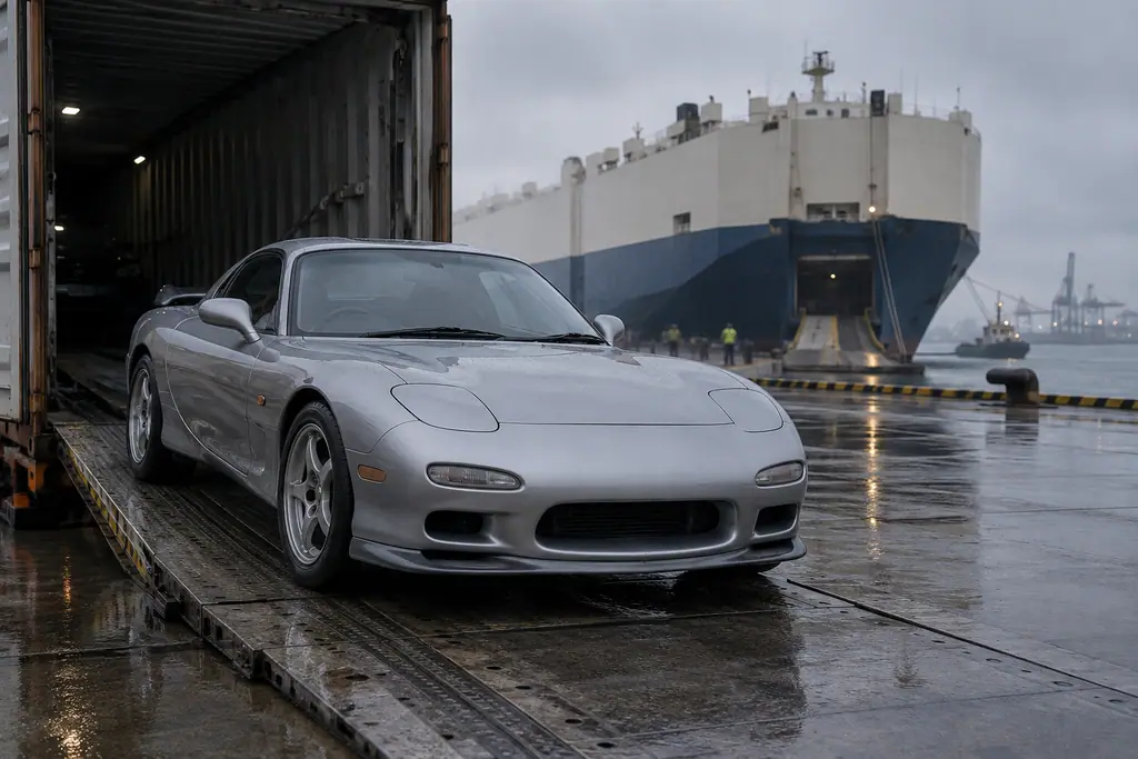 Une Mazda RX-7 FD3S descend d’un conteneur maritime dans un port par temps couvert.