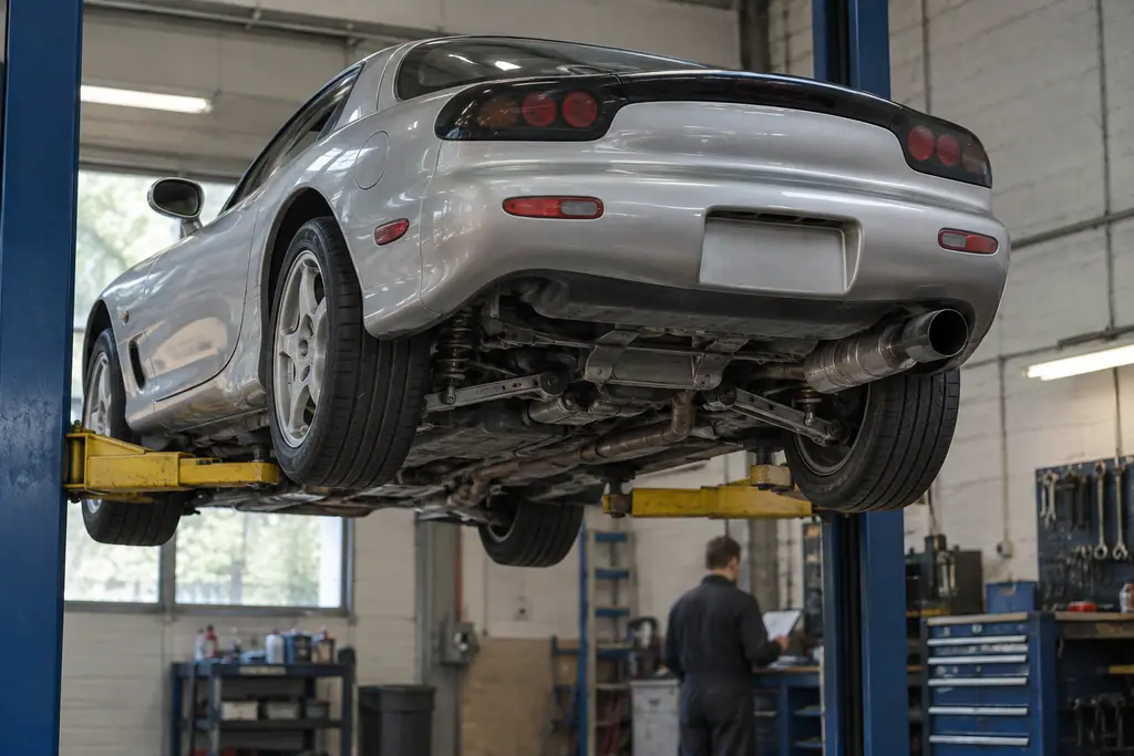 Une Mazda RX-7 FD3S sur un pont élévateur pendant l’inspection de son dessous de caisse.