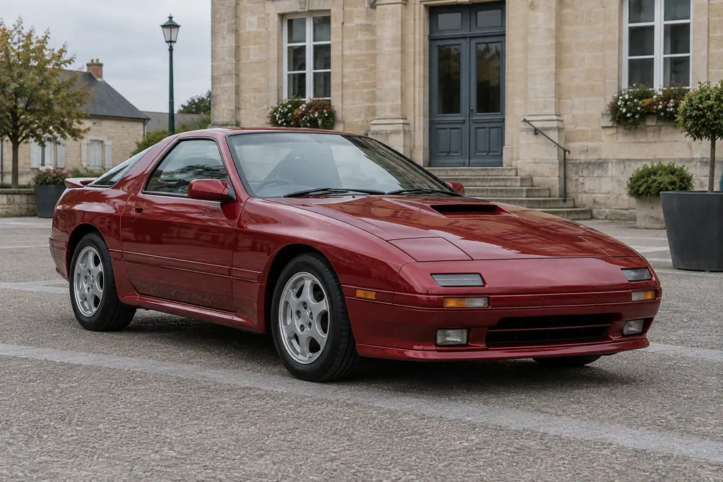 Mazda RX-7 FC3S préservée devant un bâtiment de style mairie, sous une lumière neutre.