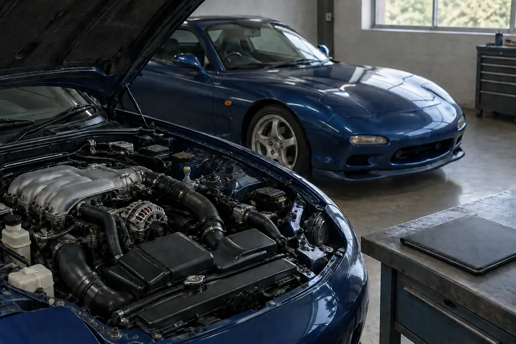 Détail du compartiment moteur d’une Mazda RX-7 FD3S préservée, dans un atelier d’inspection.