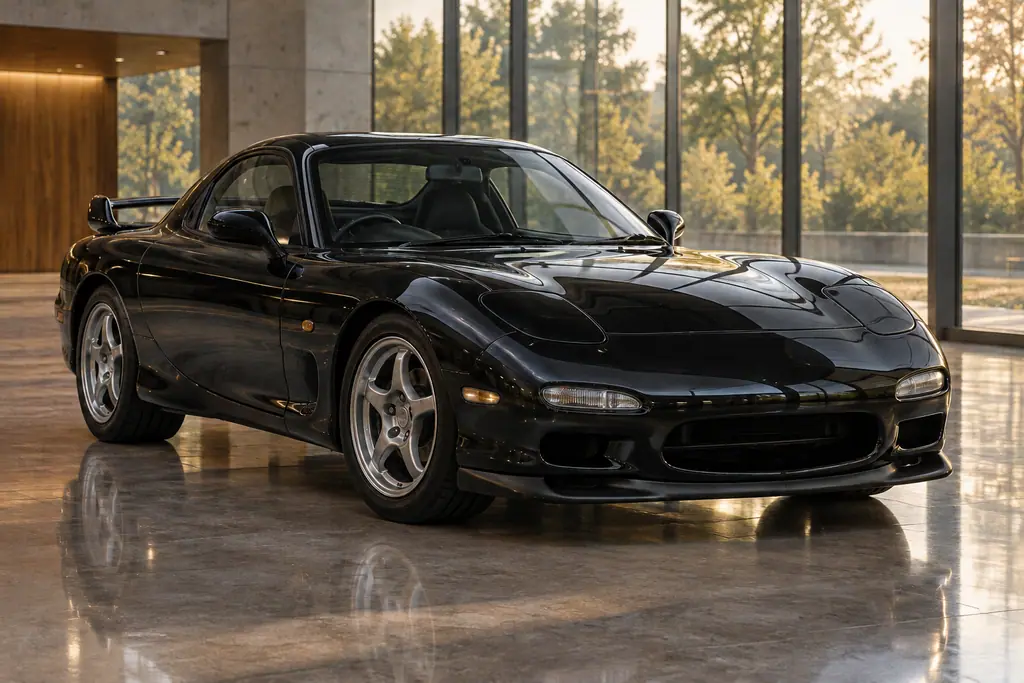 Mazda RX-7 FD3S noire, vue de trois quarts avant dans un showroom.