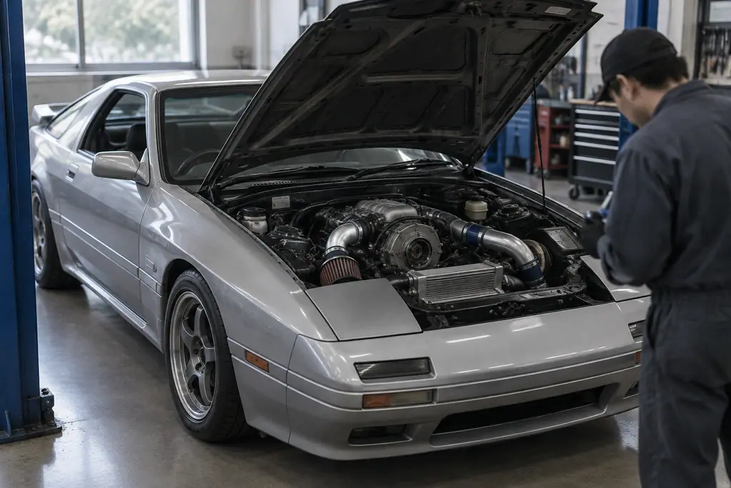 Mazda RX-7 FC3S capot ouvert pendant l’inspection de son moteur rotatif.