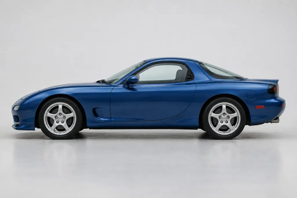 Mazda RX-7 FD3S bleue photographiée de profil dans un studio blanc.