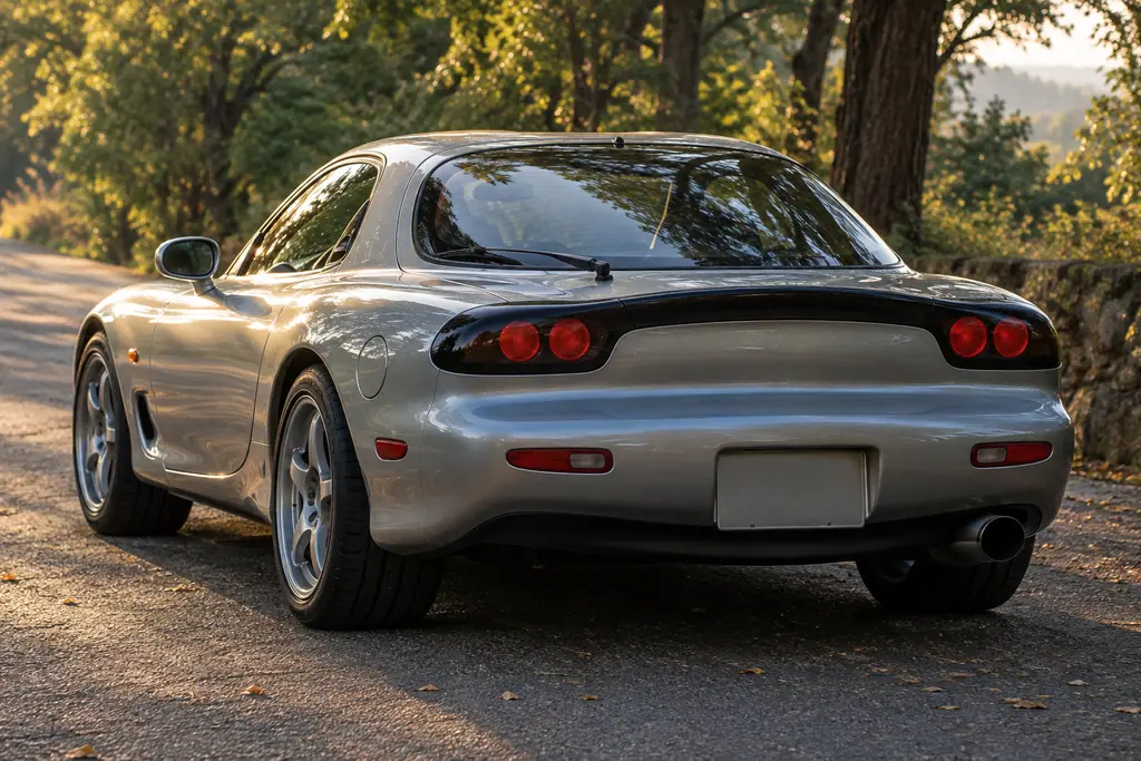 Vue rapprochée de la poupe d’une RX-7 FD3S, avec ses feux ronds dans un bandeau sombre.
