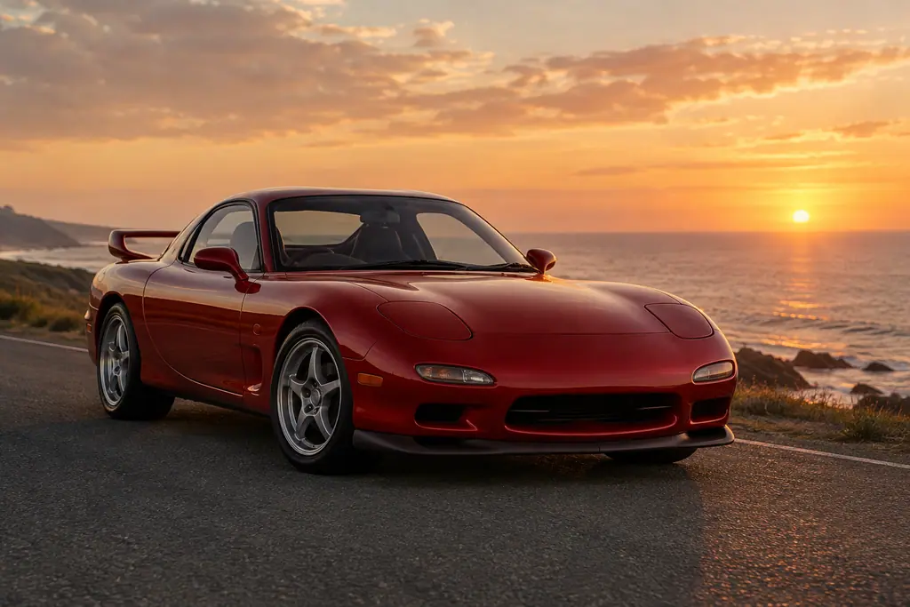 Mazda RX-7 FD3S rouge sur une route côtière déserte au lever du soleil