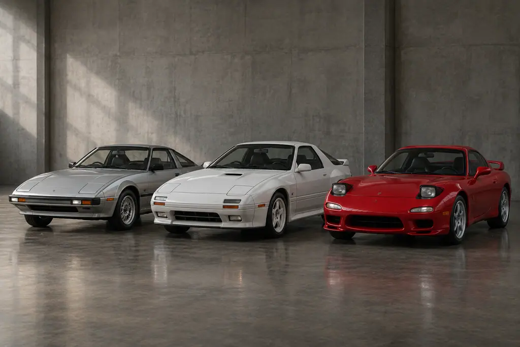 Les trois générations Mazda RX-7, de la SA22C à la FD3S, réunies dans un studio