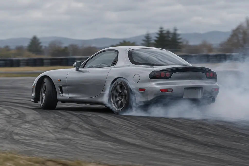 Mazda RX-7 FD3S en glisse sur circuit, vue latérale dans la fumée des pneus.