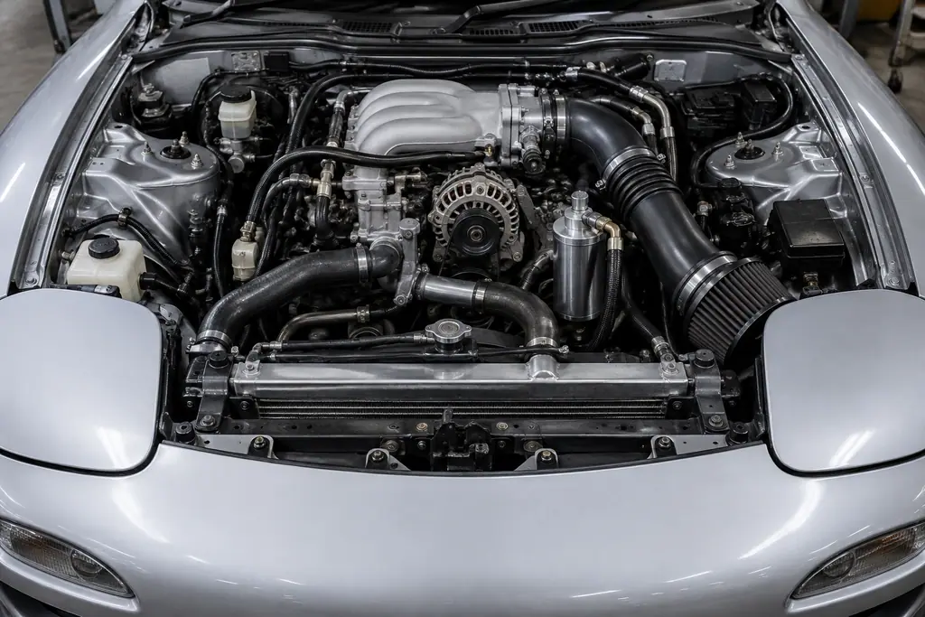 Compartiment moteur d’une Mazda RX-7 FD3S, avec le 13B-REW et les éléments du circuit de refroidissement.