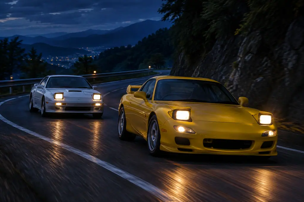 La FD jaune associée à Keisuke et la FC blanche de Ryosuke sur une route de montagne nocturne.