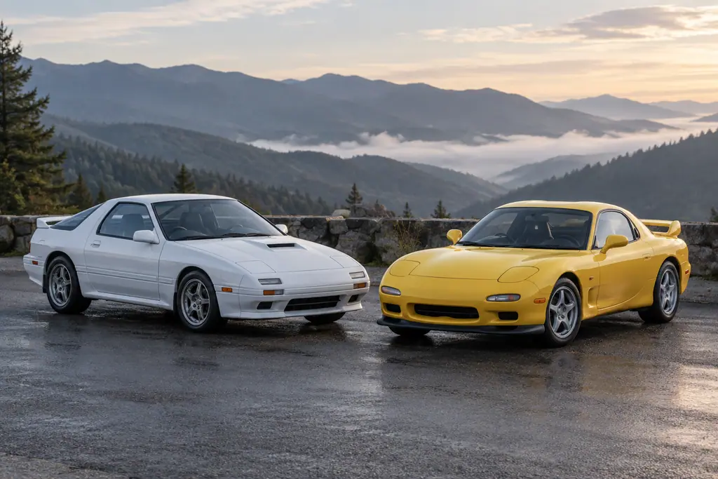 La FC3S blanche et la FD3S jaune côte à côte, vues de profil dans un paddock calme.