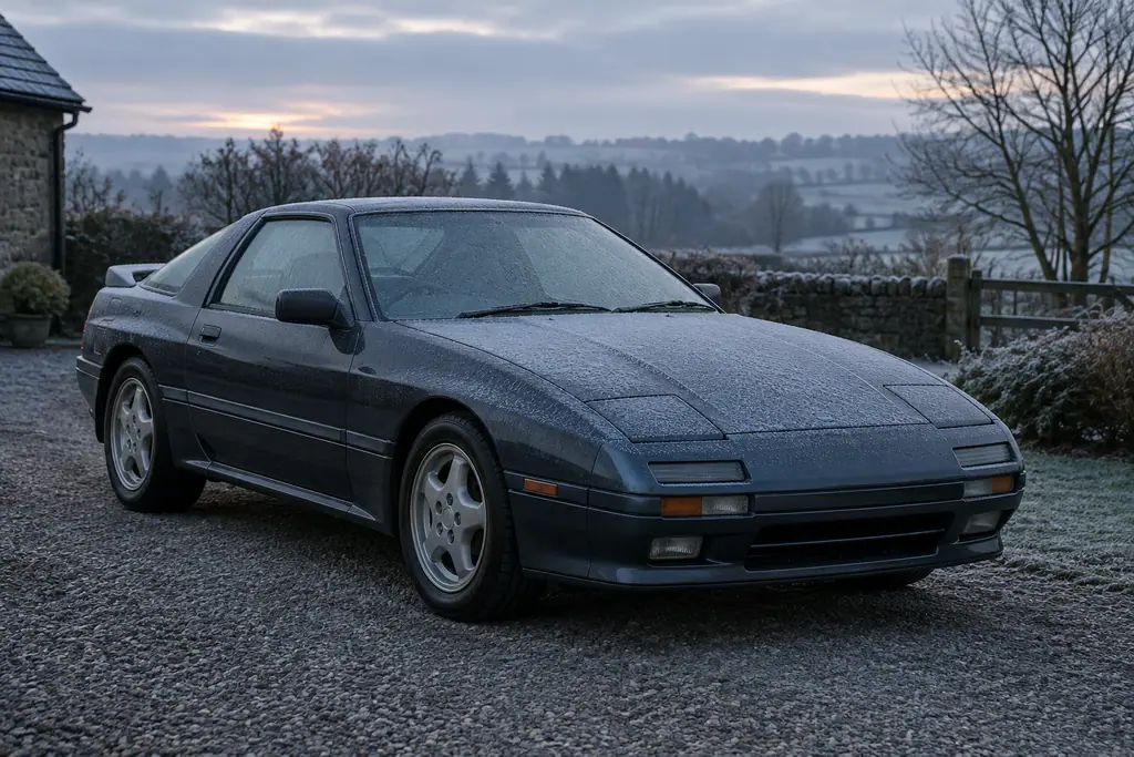 Mazda RX-7 FC3S garée dehors un matin froid, avec de la condensation sur les vitres.
