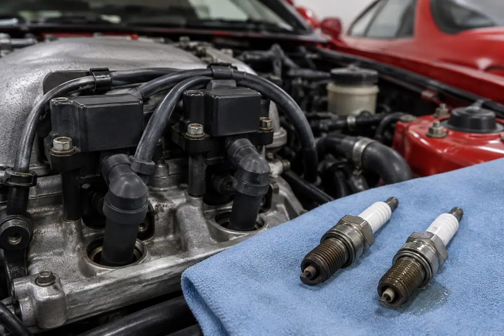 Bougies déposées près du moteur 13B d’une RX-7 FC3S, l’une présentant une trace d’humidité.