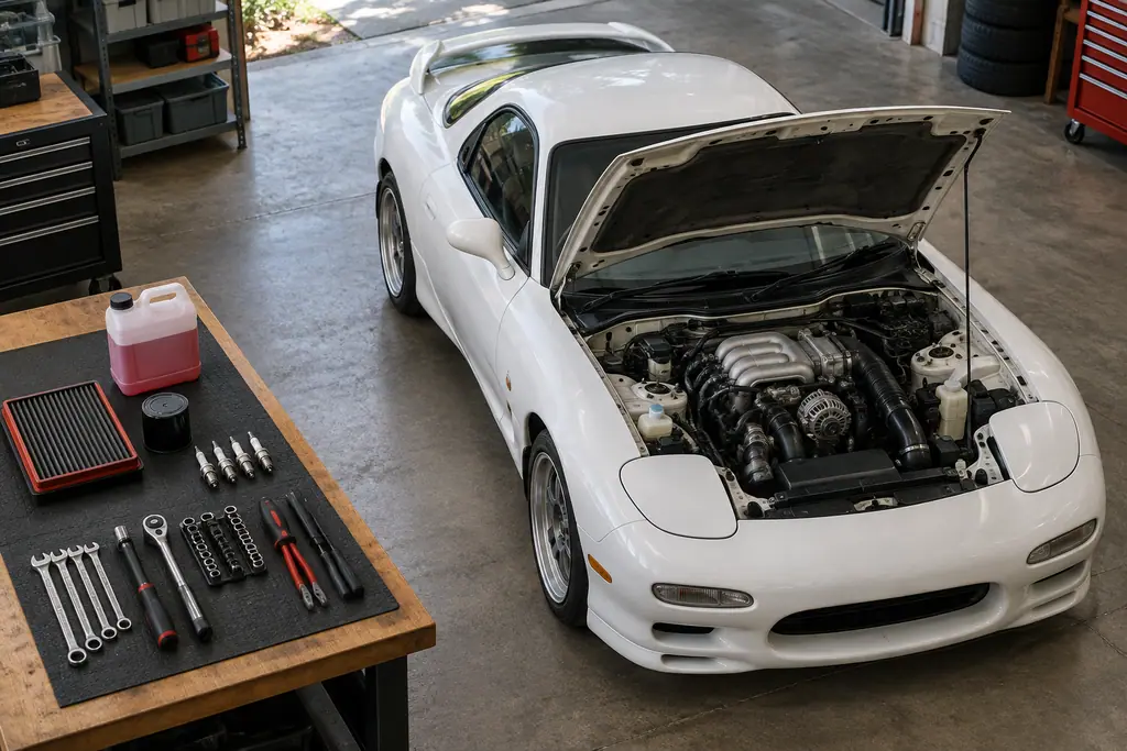RX-7 FD3S capot ouvert près d’un établi organisé avec filtres, bougies, liquide de refroidissement et outils.