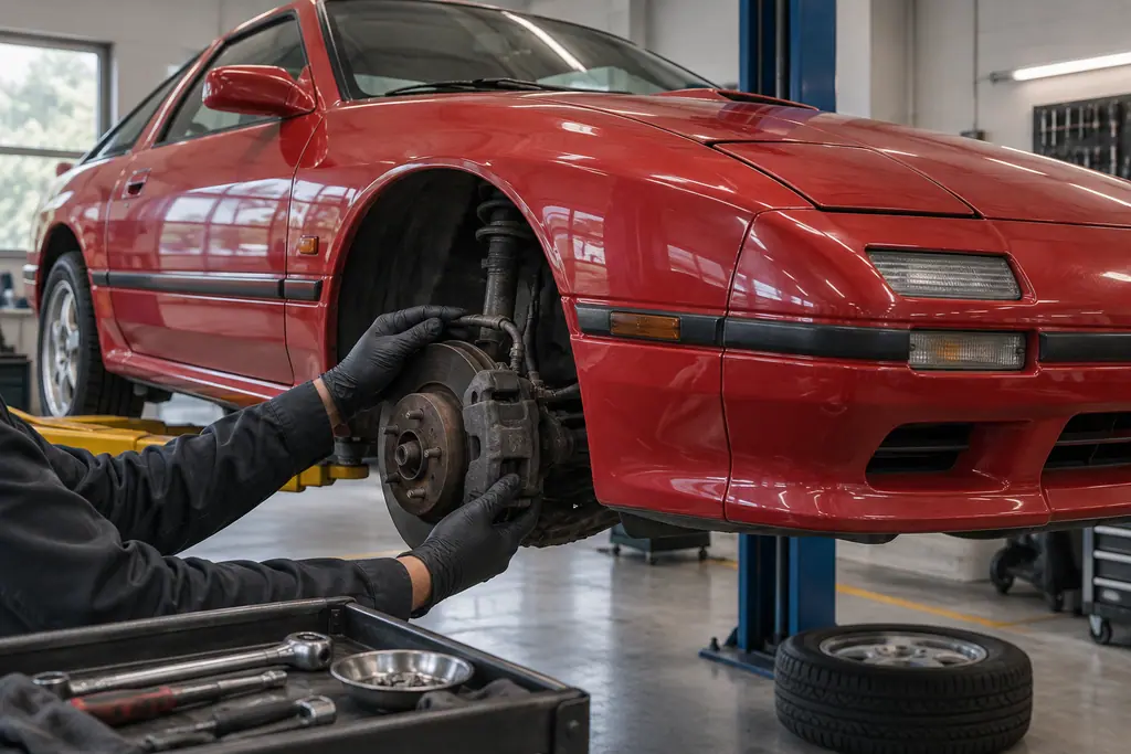 Contrôle des freins et d’un pneu sur une Mazda RX-7 FC3S installée sur un pont d’atelier.