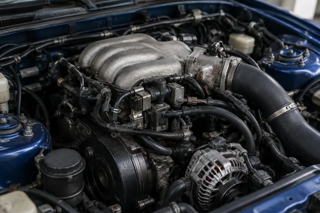 Gros plan sur les durites et les électrovannes au-dessus du moteur rotatif d’une Mazda RX-7 FD3S.