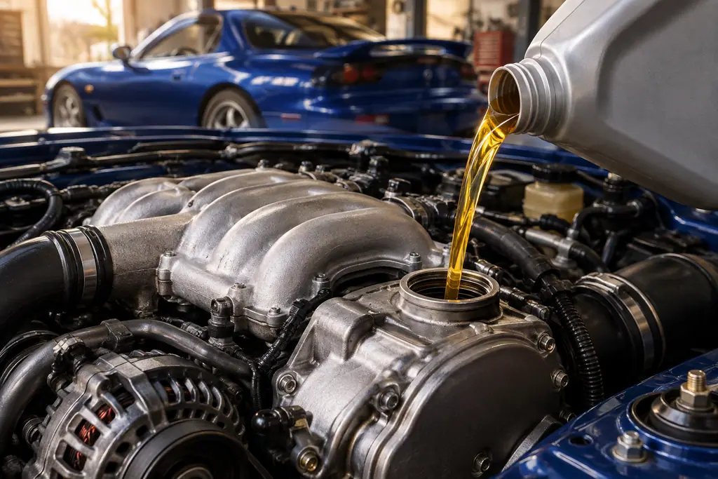 Huile versée dans le moteur rotatif d’une Mazda RX-7 FD3S.