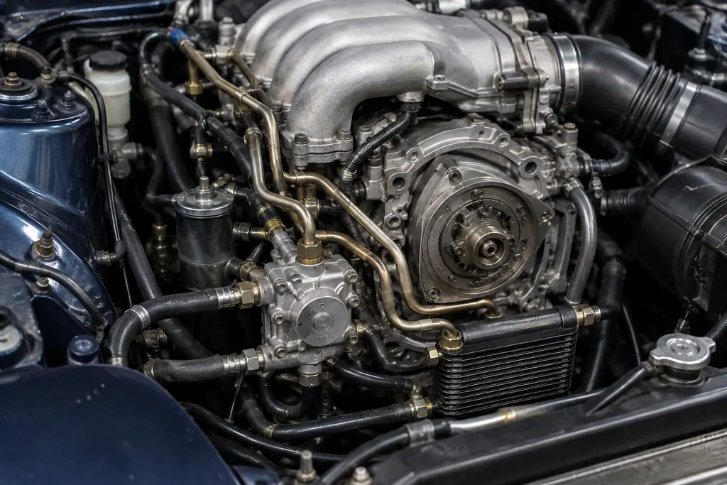 Pompe de dosage et conduites d’huile d’une Mazda RX-7 FD3S.