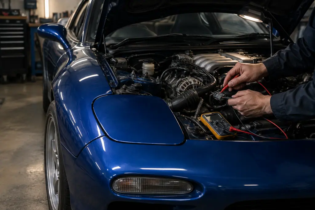 Mains d’un mécanicien contrôlant au multimètre un connecteur électrique dans le compartiment moteur d’une RX-7 FD.