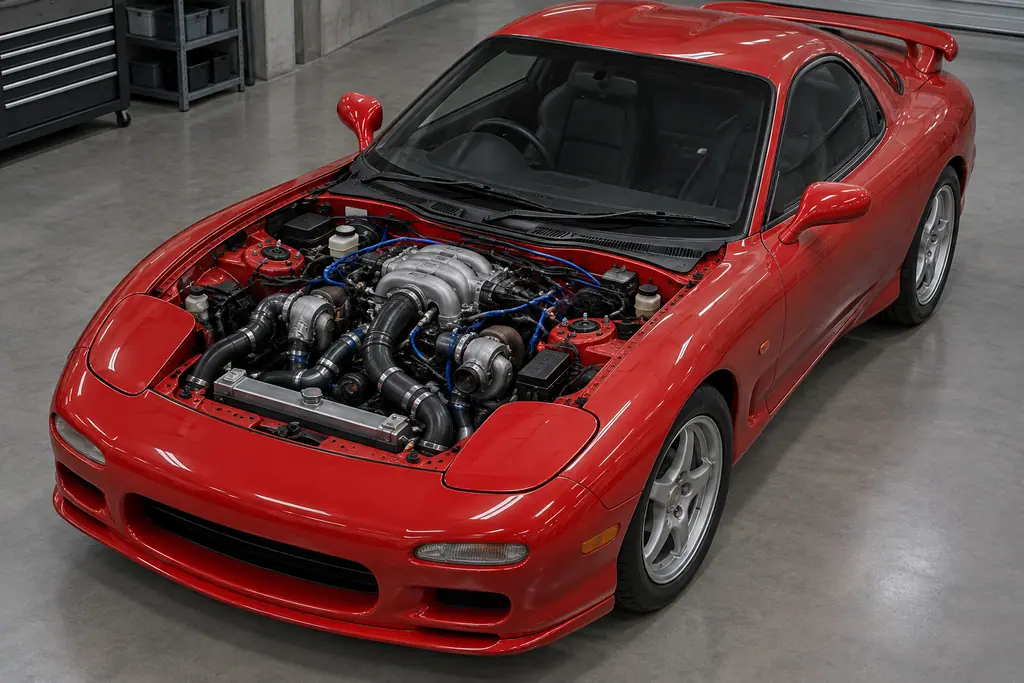 Vue technique du compartiment moteur d’une FD3S, avec le 13B-REW et les durites de commande du bi-turbo.