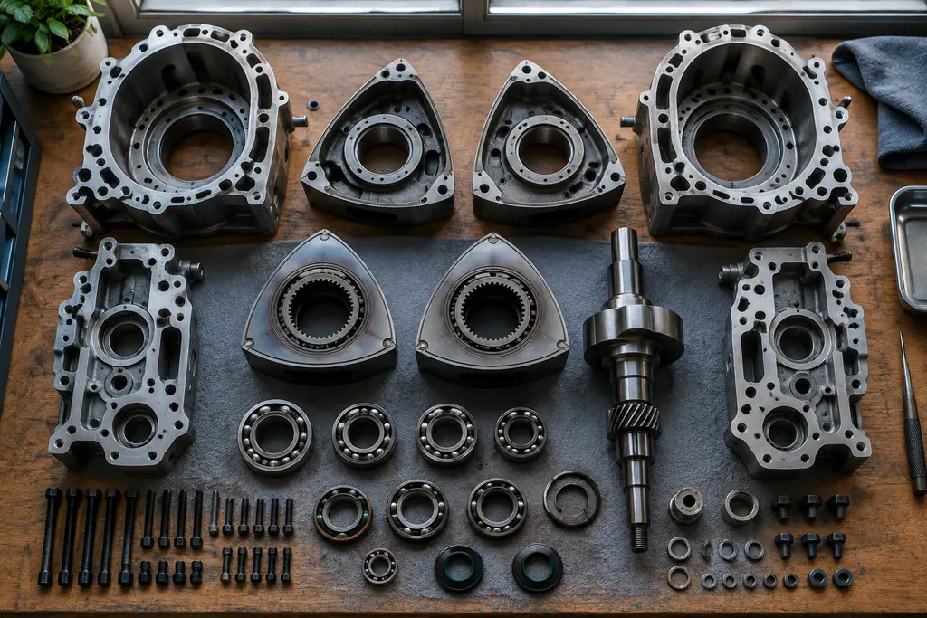 Pièces démontées d’un moteur rotatif 13B rangées sur un établi propre.