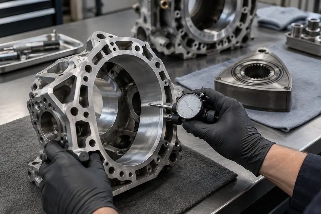 Contrôle dimensionnel d’un carter latéral de moteur rotatif.