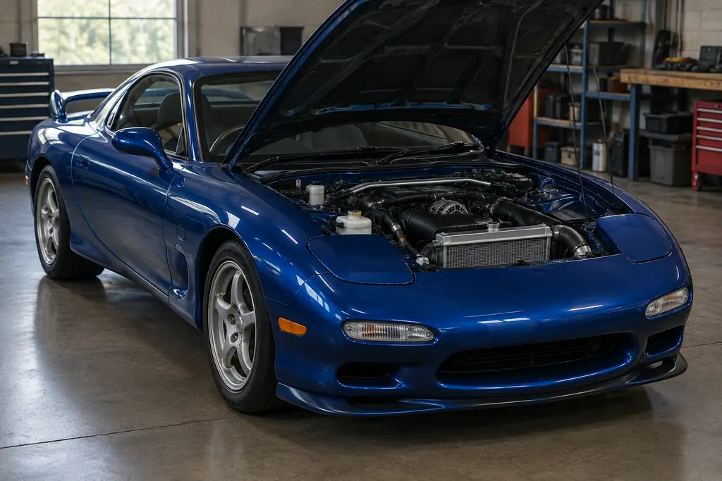 Radiateur et durites de refroidissement visibles sous le capot ouvert d’une Mazda RX-7 FD3S.