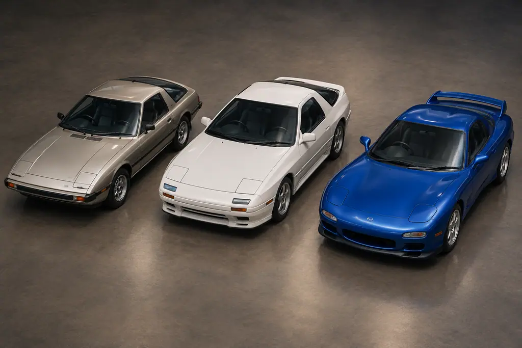 Mazda RX-7 SA22C, FC3S et FD3S alignées côte à côte, vues en trois-quarts depuis le dessus.