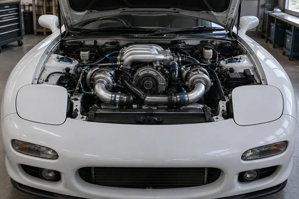Vue détaillée du compartiment moteur d’une Mazda RX-7 FD3S équipée du 13B-REW.