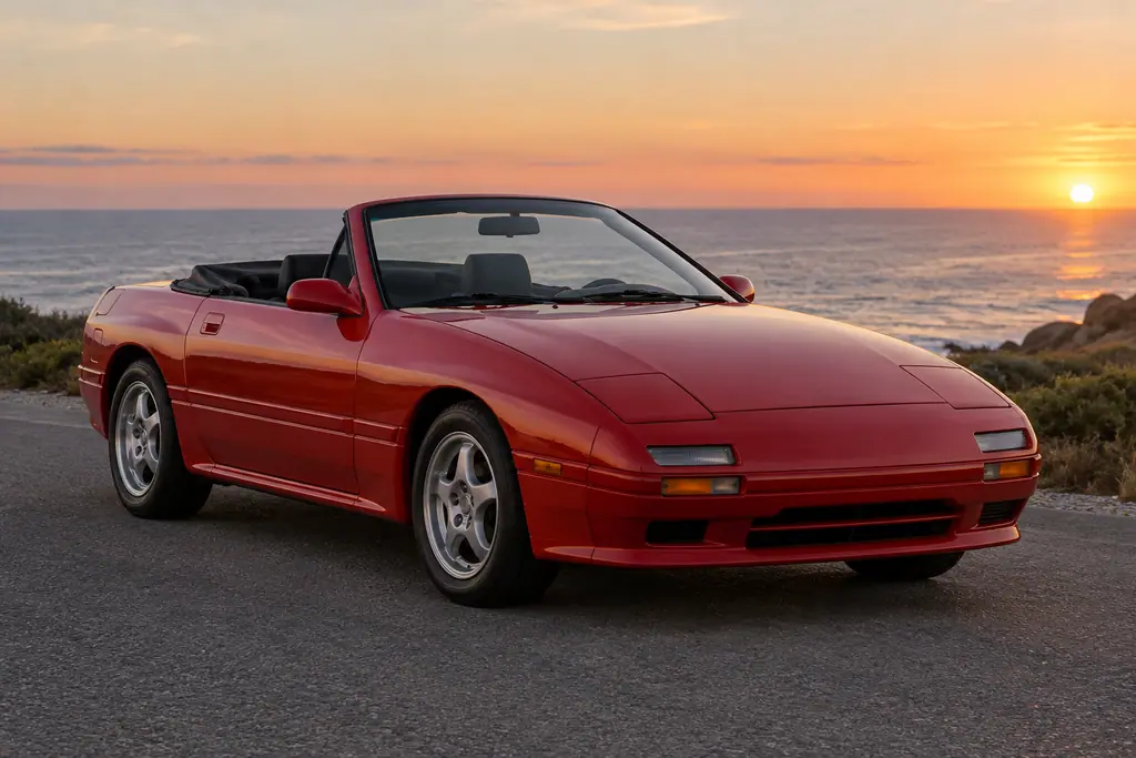 Mazda RX-7 FC3C rouge, capote ouverte, sur une route côtière au coucher du soleil.