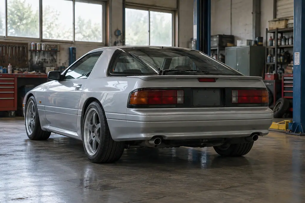Coupé Mazda RX-7 FC3S argenté dans un atelier, vu de trois quarts arrière.