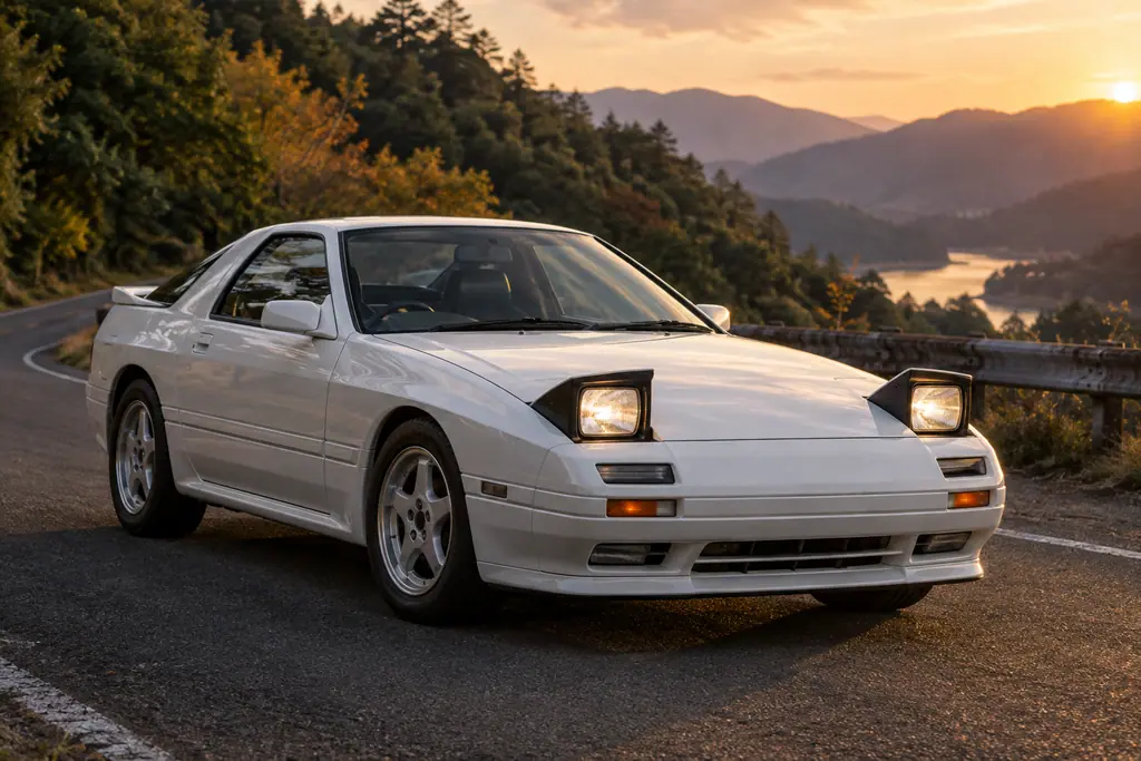 Mazda RX-7 FC3S blanche, phares escamotables relevés, sur une route de montagne au soleil couchant.
