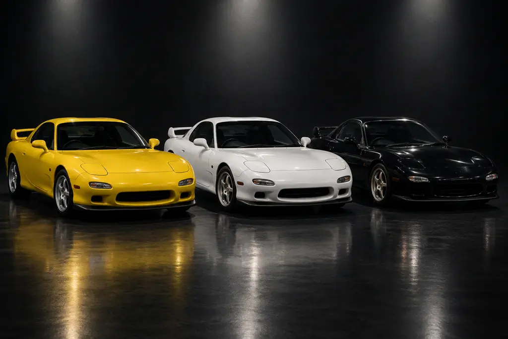 Trois Mazda RX-7 FD3S, jaunes, blanches et noires, alignées dans un studio sombre.