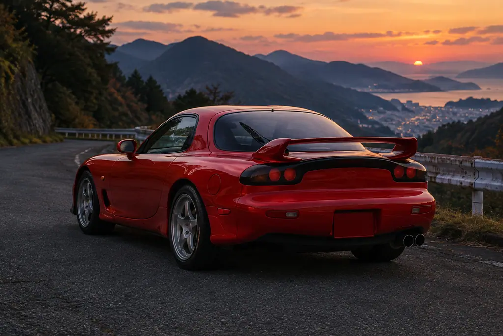 Vue arrière trois quarts d’une Mazda RX-7 FD3S rouge, avec son bandeau de feux et son aileron.