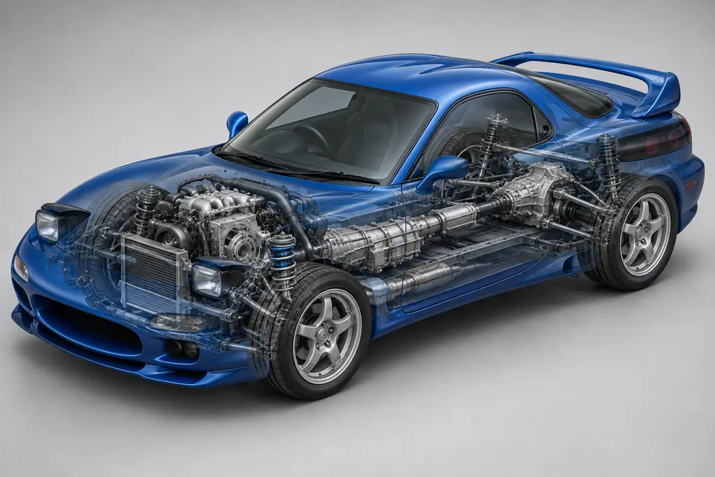 Vue technique du dessous d’une RX-7 FD3S montrant le moteur en position avant centrale, la transmission et les suspensions.