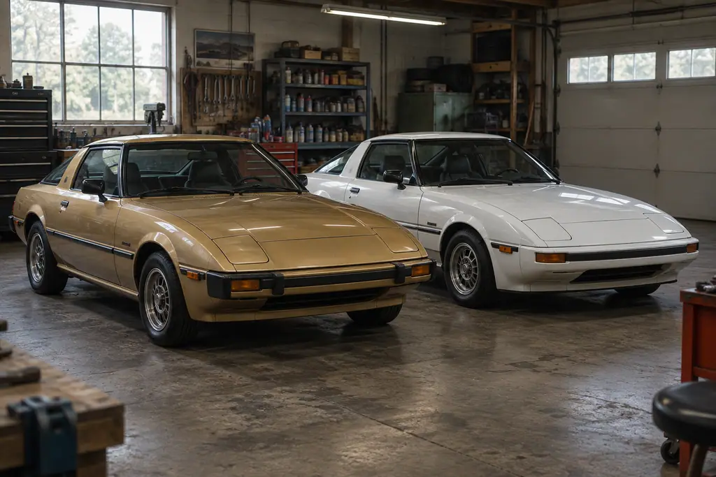 Deux Mazda RX-7 SA22C, une version précoce et une version plus tardive, côte à côte dans un garage.