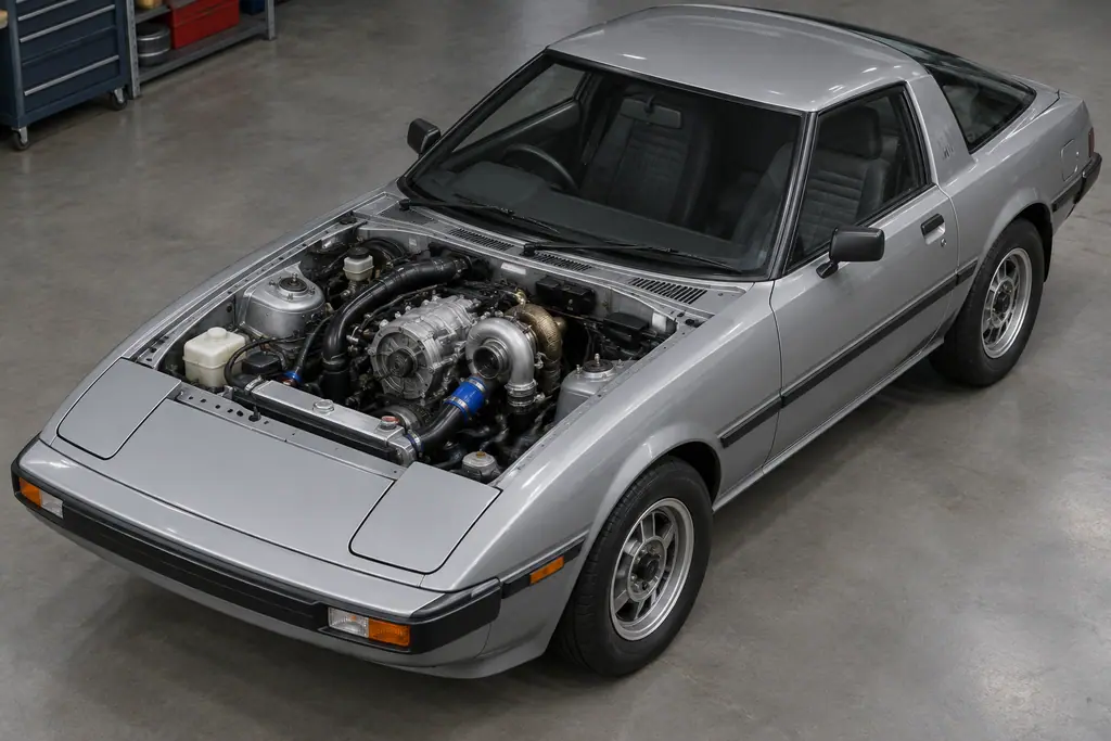 Vue technique d’un moteur rotatif 12A turbo installé dans le compartiment moteur d’une RX-7 SA22C.