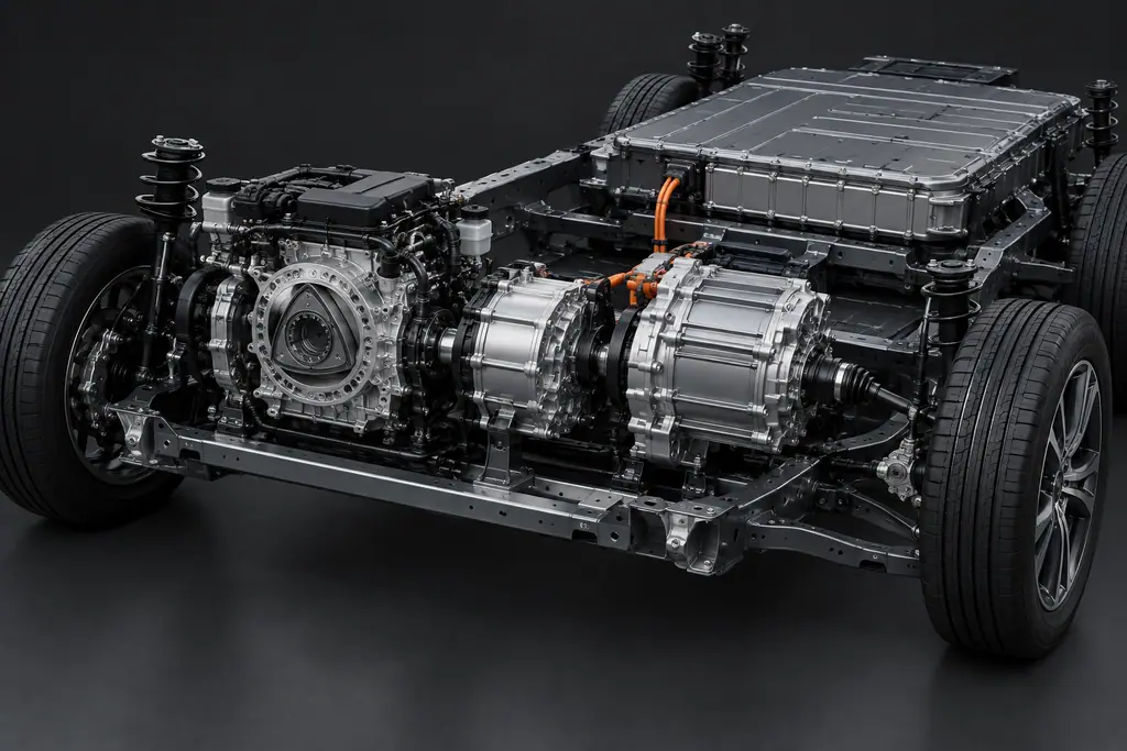 Groupe motopropulseur du Mazda MX-30 R-EV montrant le rotatif 8C, le générateur et le moteur électrique.