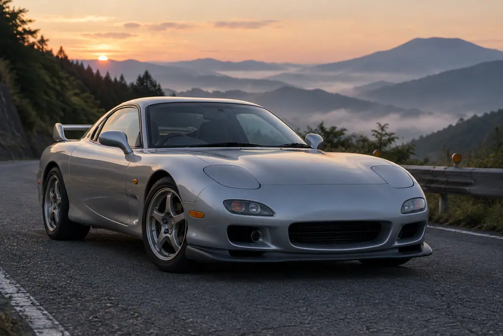 Mazda RX-7 FD3S photographiée de trois quarts avant sur une route de montagne.