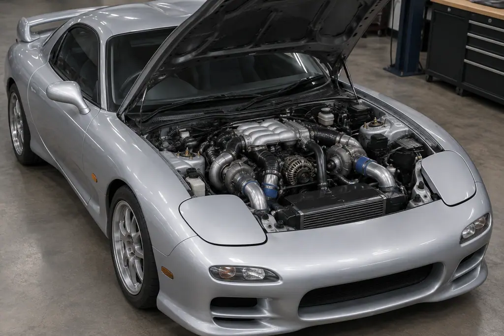 Vue technique du 13B-REW et de son système bi-turbo dans le compartiment moteur d’une FD3S.