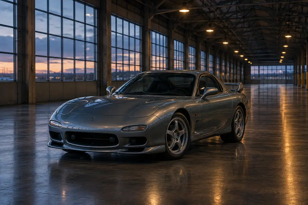 Mazda RX-7 FD3S Spirit R gris titane, seule dans un atelier d’assemblage désert au crépuscule.