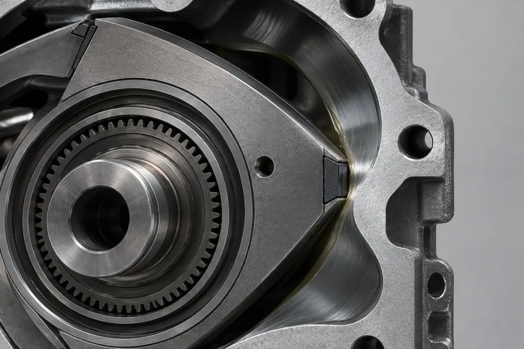 Vue technique d’un rotor du moteur Mazda 10A, de ses segments d’apex et de la surface trochoïdale du carter.