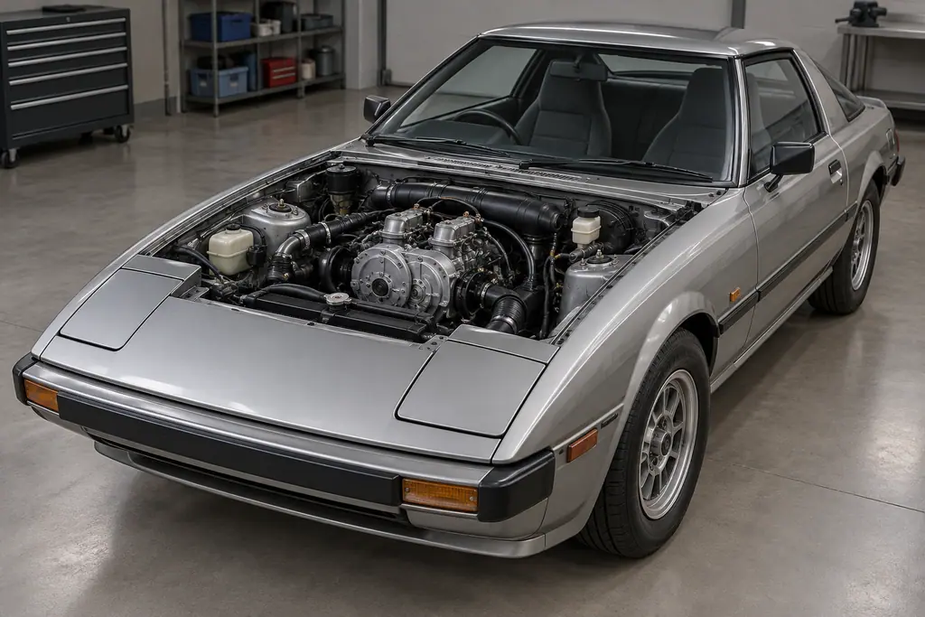 Moteur rotatif 12A à deux rotors installé dans le compartiment moteur d’une Mazda RX-7 SA22C.