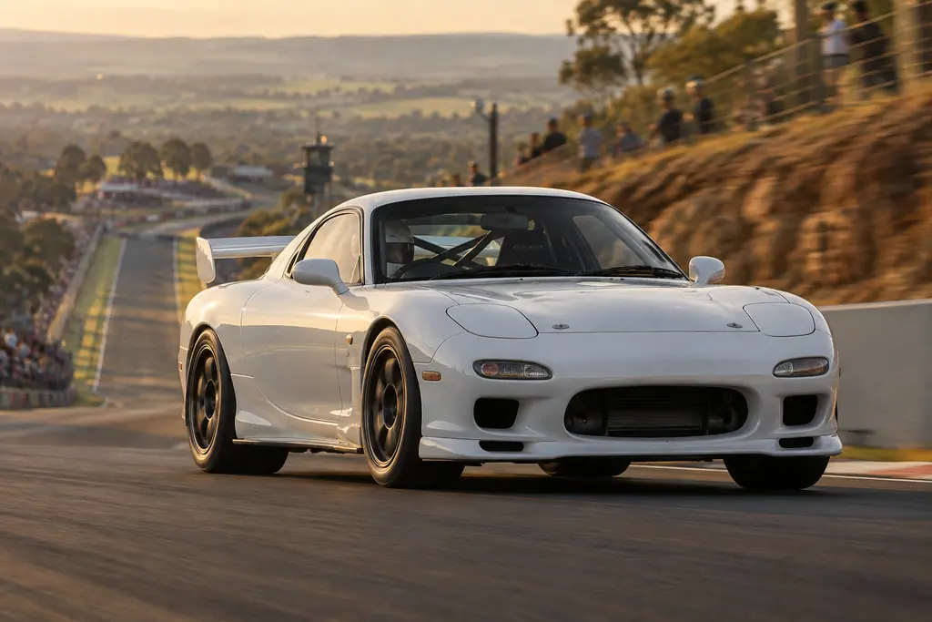 Mazda RX-7 FD3S de course lancée sur le circuit de Mount Panorama, à Bathurst.