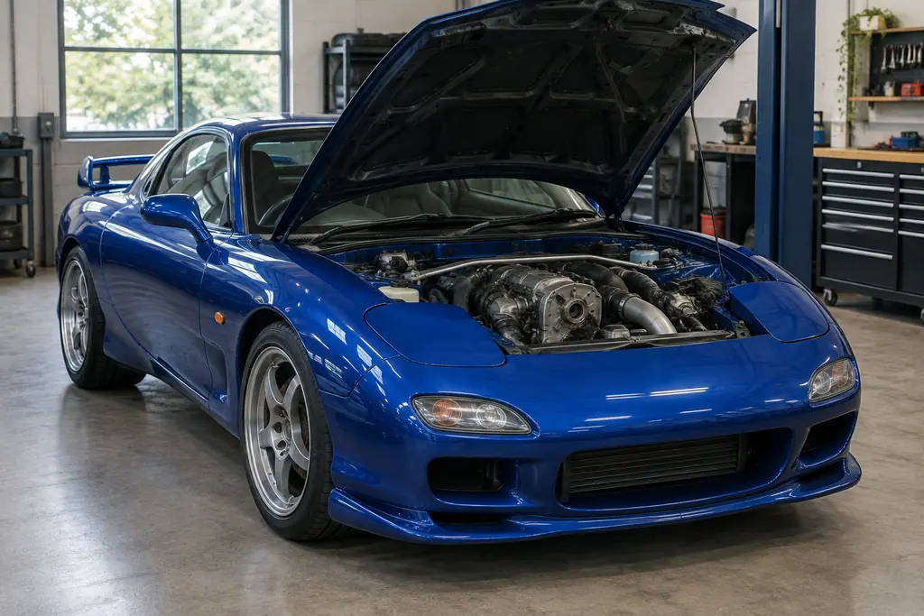 Mazda RX-7 FD3S avec moteur rotatif 13B-REW visible dans un atelier